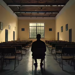 someone sits at the end of a room with many tables and chairs