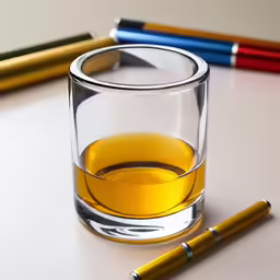 a shot glass with oil and two pens on the table
