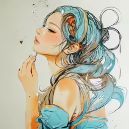 a girl with long hair in blue dress