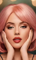 a woman with pink hair, a black bra and gold eyeshade