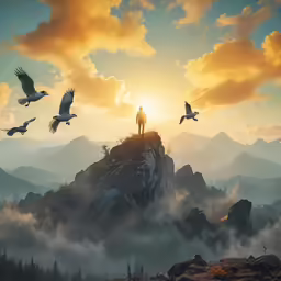 a man stands on a hill with seagulls and a sunset in the background