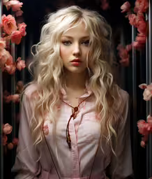 a blonde woman with long, wavy hair,a female model with long blonde hair and pink flowers in the background