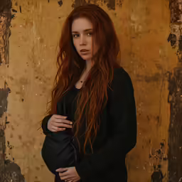 a woman with frizz all on is posing for a portrait