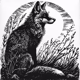 a black and white drawing of a fox,an ink drawing of a fox in the wild