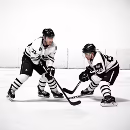 two hockey players on the ice with their stick