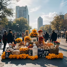 an outdoor market table on a city street