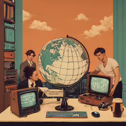 two men and a woman setting up a small computer,three people look at two different televisions on top of a desk