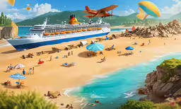 a painting with people in chairs on the beach,a painting of a beach with an ocean liner ship