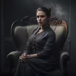 a woman sits in a chair with an ornate pattern
