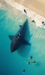 a black shark is seen in the blue water