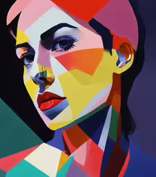 a portrait painted in geometric shapes with colorful background,the portrait of a woman