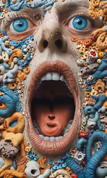 a child with his mouth open surrounded by cookies