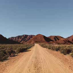 dirt road running through the desert with mountains in the distance