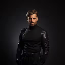 a man with beard and black shirt,a man wearing black is standing against a dark background