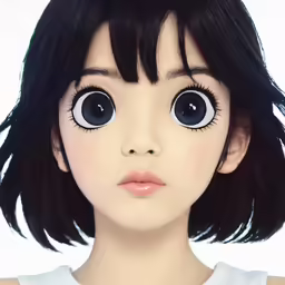 a young girl wearing long black hair with blue eyes