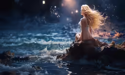 a nude woman sits on a rock in the ocean