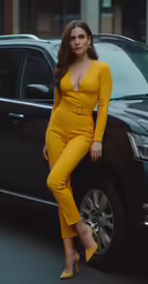 woman in yellow outfits leaning against a black suv
