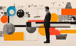 a man in black coat standing in front of an abstract painting