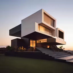the house is on top of a hill with stairs