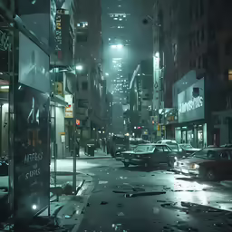 a very dark city at night and it is snowing