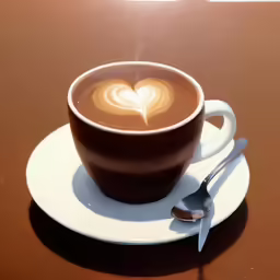 the latte is on the plate with the spoon