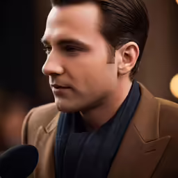a man in a brown coat speaking into a microphone