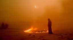 the back of a tall sculpture on fire,a person standing near a fire in the middle of a snow field