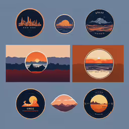 several sunset stickers from different states of the united,some pictures that show a different locations in the world