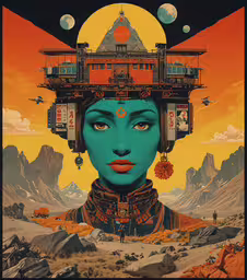 a painting that is looking like a woman with two stacked houses,a photo of a futuristic woman with an open head and multiple parts on her face