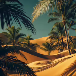 a palm tree standing in the sand between some trees