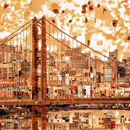 an artistic photo of a city and bridge taken with a phone