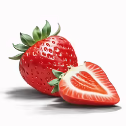 two strawberries are shown with a leaf on the top