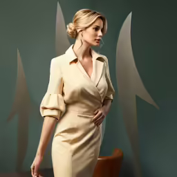 a woman is dressed in a tan dress and heels