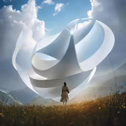 the woman standing in the field is holding the string that looks like an orb