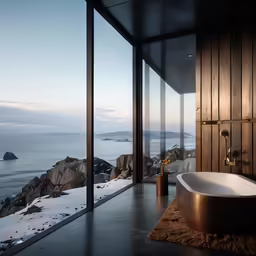 a view of the water from a bathroom overlooking a mountain