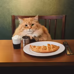 an orange cat sitting on a table looking at the camera