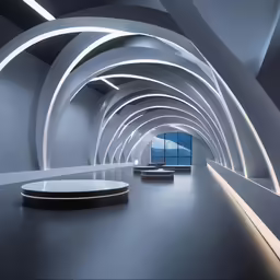 the hallway with white arches on the ceiling and a television in the center