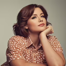 a woman sits with her hand on her chin and looks away
