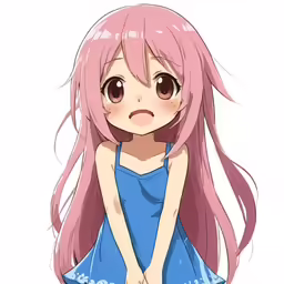 a girl with pink hair looking at the camera