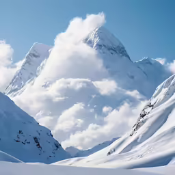 an alpine mountain range with snow, clouds and skis on it