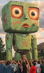 people looking at a large green robot shaped object