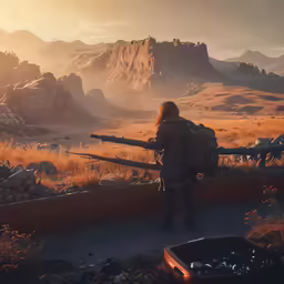 a girl walking in the mountains with her rifle