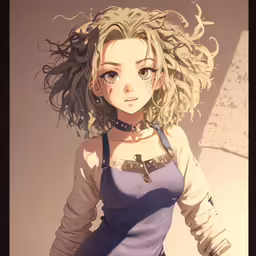 there is a young woman standing and looking at the camera