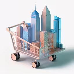 a shopping cart with large buildings on it