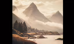 a view of two mountains and a lake from a trail