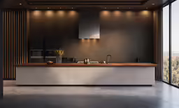 a kitchen with white counters, wooden cabinets and lights
