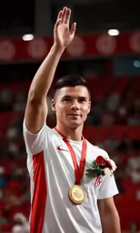 an athlete waving his fist, while holding up a gold medal