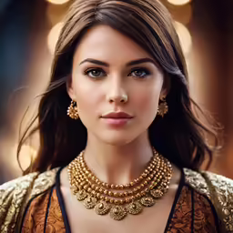 a woman is wearing a brown blouse and gold jewelry