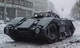 a futuristic looking vehicle is in the snow