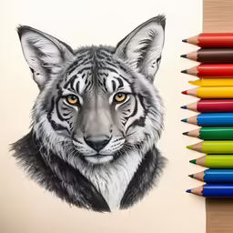 a tiger pencil drawing on paper with colored pencils